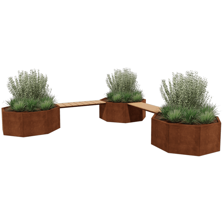 Bancă cu jardiniere din oțel corten Vegas Chicago configurație colț