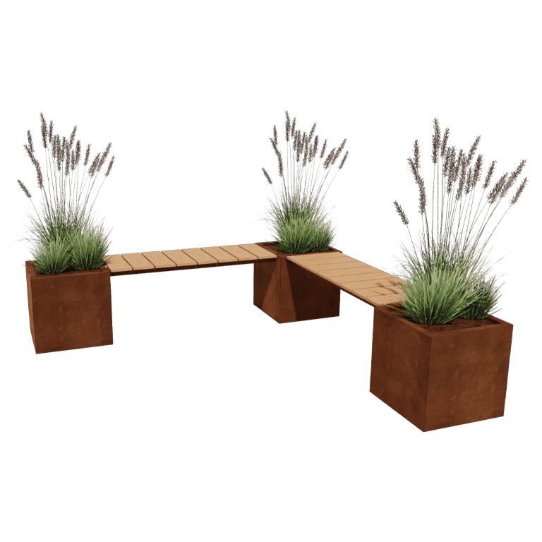 Bancă cu jardiniere din oțel corten Vegas Miami configurație colț