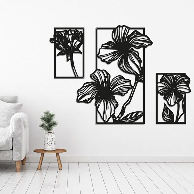 Decor de perete din metal Flori 3 părți