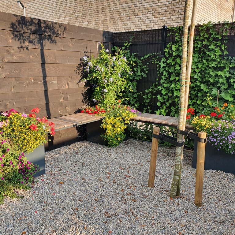 Bancă cu jardiniere din oțel acoperit cu pulbere Vegas Miami configurație colț