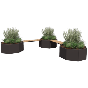 Jardinieră din oțel - Octagonal - Configurație pe colț - 362,6 x 362,6 x 50 cm - RAL9005 mat (negru) - Cu băncuță - Fără placă de bază