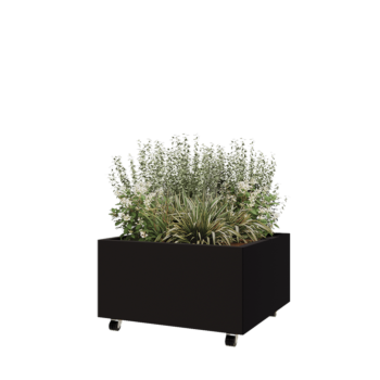Jardinieră din oțel - Pătrat - 80 x 80 x 40 cm - RAL9005 mat (negru) - Cu placă de bază - Cu roți