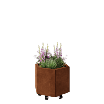 Jardinieră din oțel corten - Hexagonal - 59,3 x 52 x 40 cm - Cu placă de bază - Cu roți