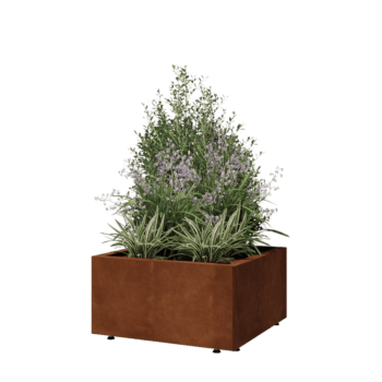 Jardinieră din oțel corten - Pătrat - 60 x 60 x 30 cm - Cu placă de bază - Cu picioare