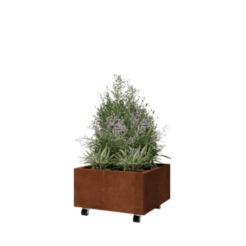Jardinieră din oțel corten - Pătrat - 60 x 60 x 30 cm - Cu placă de bază - Cu roți