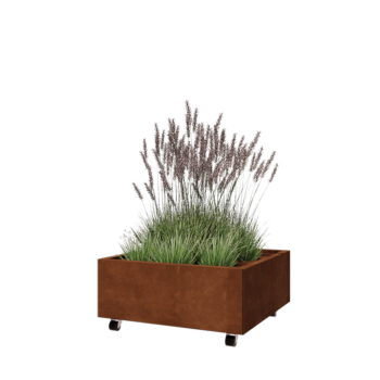 Jardinieră din oțel corten - Pătrat - 80 x 80 x 30 cm - Cu placă de bază - Cu roți