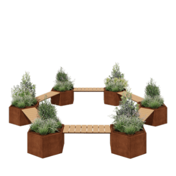 Bancă cu jardiniere din oțel corten Vegas configurație foc de tabără