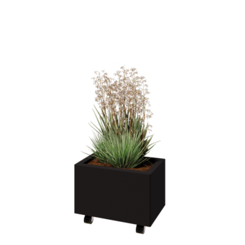 Jardinieră din oțel - Dreptunghiular - 50 x 30 x 30 cm - RAL9005 mat (negru) - Cu placă de bază - Cu roți