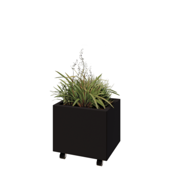 Jardinieră din oțel - Dreptunghiular - 50 x 40 x 40 cm - RAL9005 mat (negru) - Cu placă de bază - Cu roți