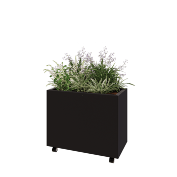 Jardinieră din oțel - Dreptunghiular - 80 x 40 x 60 cm - RAL9005 mat (negru) - Cu placă de bază - Cu roți