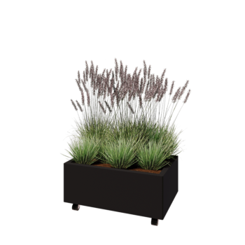 Jardinieră din oțel - Dreptunghiular - 80 x 50 x 30 cm - RAL9005 mat (negru) - Cu placă de bază - Cu roți