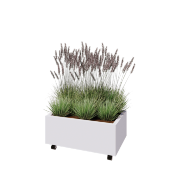 Jardinieră din oțel - Dreptunghiular - 80 x 50 x 30 cm - RAL9010 mat (alb) - Cu placă de bază - Cu roți