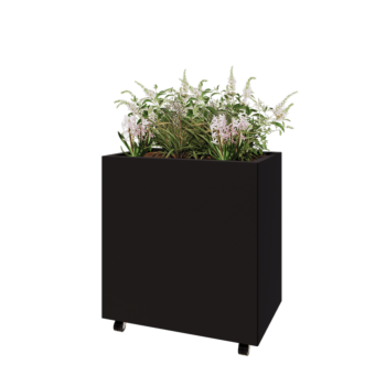 Jardinieră din oțel - Dreptunghiular - 80 x 50 x 80 cm - RAL9005 mat (negru) - Cu placă de bază - Cu roți