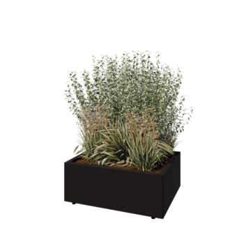 Jardinieră din oțel - Dreptunghiular - 80 x 60 x 30 cm - RAL9005 mat (negru) - Cu placă de bază - Cu picioare