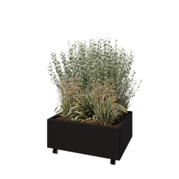 Jardinieră din oțel - Dreptunghiular - 80 x 60 x 30 cm - RAL9005 mat (negru) - Cu placă de bază - Cu roți