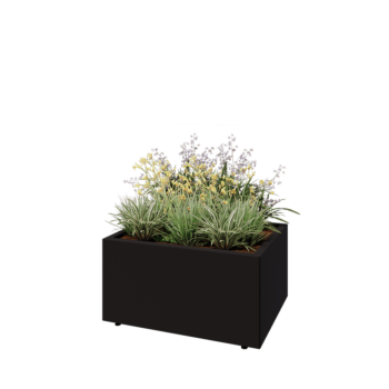 Jardinieră din oțel - Dreptunghiular - 80 x 60 x 40 cm - RAL9005 mat (negru) - Cu placă de bază - Cu picioare