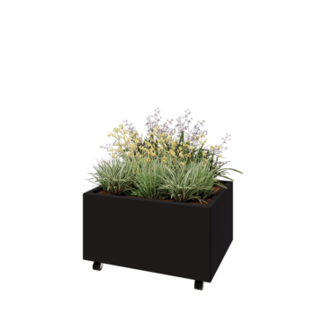 Jardinieră din oțel - Dreptunghiular - 80 x 60 x 40 cm - RAL9005 mat (negru) - Cu placă de bază - Cu roți
