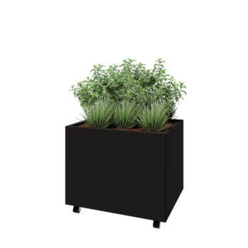 Jardinieră din oțel - Dreptunghiular - 80 x 60 x 60 cm - RAL9005 mat (negru) - Cu placă de bază - Cu roți