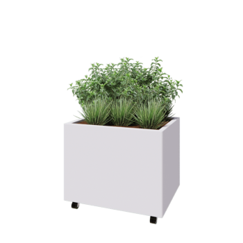 Jardinieră din oțel - Dreptunghiular - 80 x 60 x 60 cm - RAL9010 mat (alb) - Cu placă de bază - Cu roți