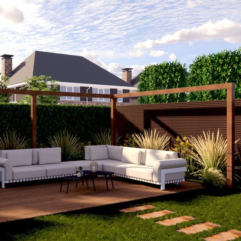 Pergolă din oțel corten configurație colț 600 x 412 cm