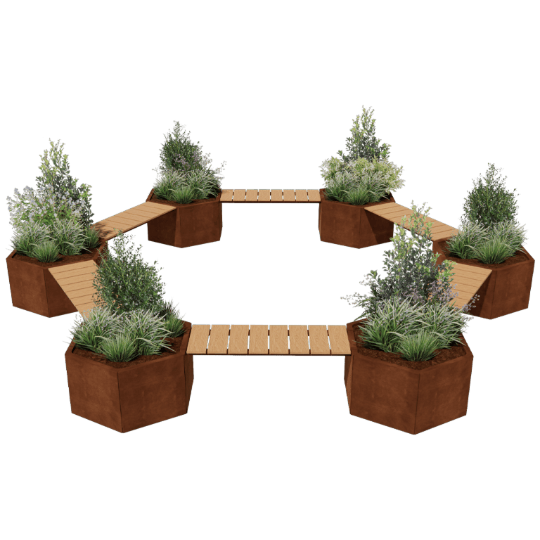 Bancă cu jardiniere din oțel corten Vegas configurație foc de tabără
