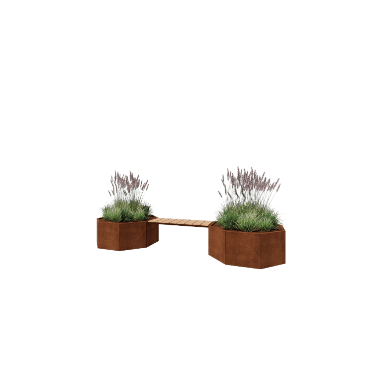 Jardinieră din oțel corten - Octagonal - 362,6 x 120,7 x 50 cm - Cu băncuță - Fără placă de bază