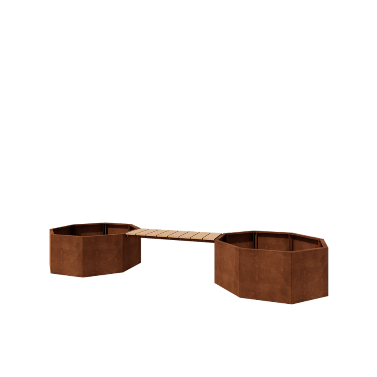 Jardinieră din oțel corten - Octagonal - 362,6 x 120,7 x 50 cm - Cu băncuță - Fără placă de bază