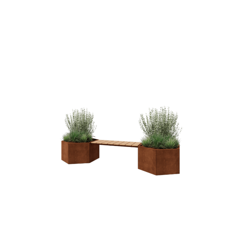Jardinieră din oțel corten - Hexagonal - 294,4 x 99,3 x 50 cm - Cu băncuță - Fără placă de bază