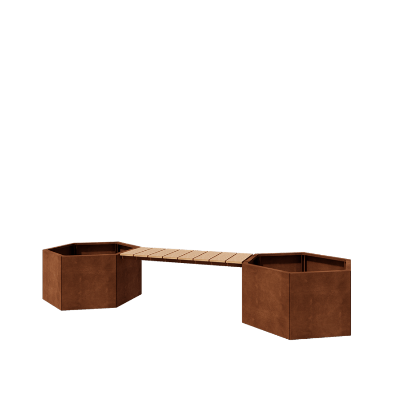 Jardinieră din oțel corten - Hexagonal - 294,4 x 99,3 x 50 cm - Cu băncuță - Fără placă de bază