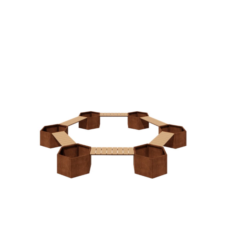 Bancă cu jardiniere din oțel corten Vegas configurație foc de tabără