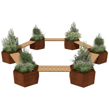 Bancă cu jardiniere din oțel corten Vegas configurație foc de tabără