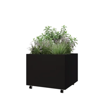 Jardinieră din oțel - Pătrat - 80 x 80 x 60 cm - RAL9005 mat (negru) - Cu placă de bază - Cu roți