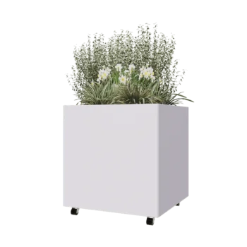 Jardinieră din oțel - Pătrat - 80 x 80 x 80 cm - RAL9010 mat (alb) - Cu placă de bază - Cu roți