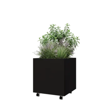 Jardinieră din oțel - Pătrat - 60 x 60 x 60 cm - RAL9005 mat (negru) - Cu placă de bază - Cu roți