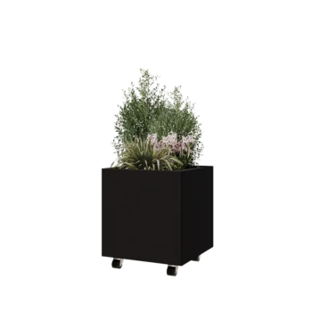 Jardinieră din oțel - Pătrat - 50 x 50 x 50 cm - RAL9005 mat (negru) - Cu placă de bază - Cu roți