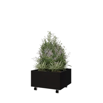 Jardinieră din oțel - Pătrat - 60 x 60 x 30 cm - RAL9005 mat (negru) - Cu placă de bază - Cu roți