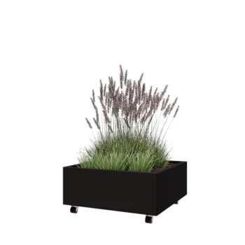 Jardinieră din oțel - Pătrat - 80 x 80 x 30 cm - RAL9005 mat (negru) - Cu placă de bază - Cu roți