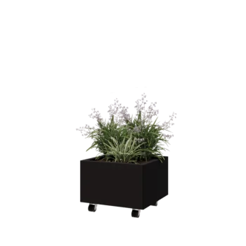 Jardinieră din oțel - Pătrat - 50 x 50 x 30 cm - RAL9005 mat (negru) - Cu placă de bază - Cu roți