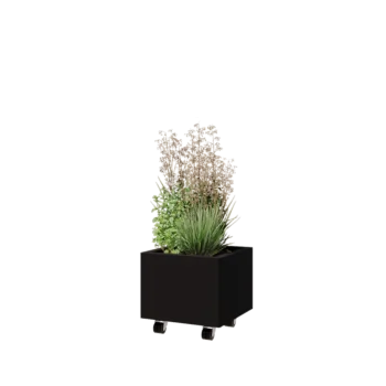 Jardinieră din oțel - Pătrat - 40 x 40 x 30 cm - RAL9005 mat (negru) - Cu placă de bază - Cu roți