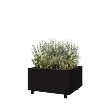 Jardinieră din oțel - Pătrat - 80 x 80 x 40 cm - RAL9005 mat (negru) - Cu placă de bază - Cu roți