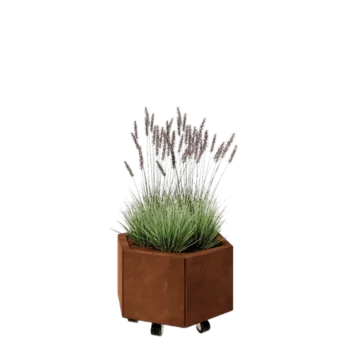 Jardinieră din oțel corten - Hexagonal - 59,3 x 52 x 30 cm - Cu placă de bază - Cu roți