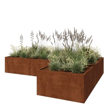 Jardinieră din oțel corten - Formă L - 360 x 240 x 60 cm - Cu placă de bază