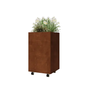 Jardinieră din oțel corten - Pătrat - 50 x 50 x 80 cm - Cu placă de bază - Cu roți