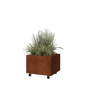 Jardinieră din oțel corten - Pătrat - 60 x 60 x 40 cm - Cu placă de bază - Cu roți