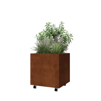 Jardinieră din oțel corten - Pătrat - 60 x 60 x 60 cm - Cu placă de bază - Cu roți
