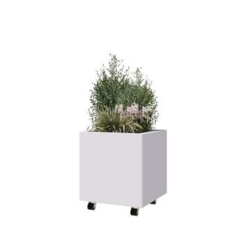 Jardinieră din oțel - Pătrat - 50 x 50 x 50 cm - RAL9010 mat (alb) - Cu placă de bază - Cu roți