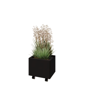 Jardinieră din oțel - Dreptunghiular - 40 x 30 x 30 cm - RAL9005 mat (negru) - Cu placă de bază - Cu roți