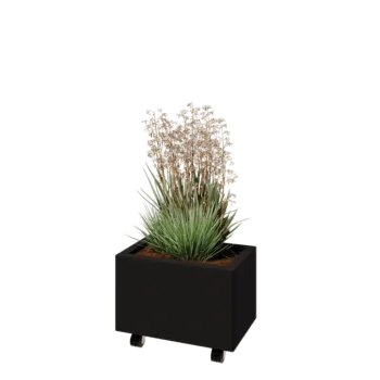 Jardinieră din oțel - Dreptunghiular - 50 x 30 x 30 cm - RAL9005 mat (negru) - Cu placă de bază - Cu roți