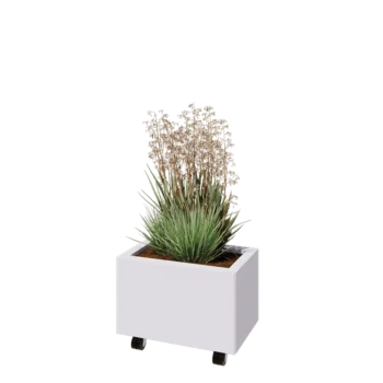 Jardinieră din oțel - Dreptunghiular - 50 x 30 x 30 cm - RAL9010 mat (alb) - Cu placă de bază - Cu roți