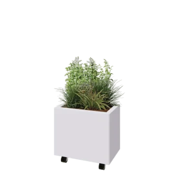 Jardinieră din oțel - Dreptunghiular - 50 x 30 x 40 cm - RAL9010 mat (alb) - Cu placă de bază - Cu roți